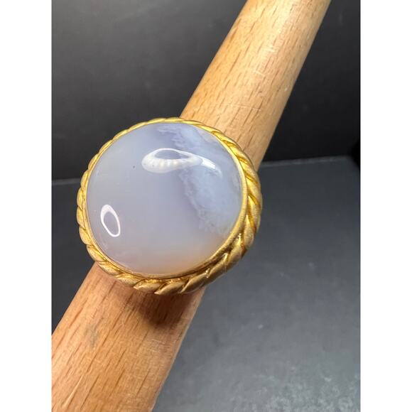 Glow By Sheila Fajl Signed Blue Agate Ring brushed 18kt Plated size 7 - Picture 2 of 14